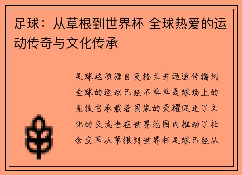 足球：从草根到世界杯 全球热爱的运动传奇与文化传承