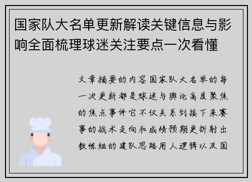 国家队大名单更新解读关键信息与影响全面梳理球迷关注要点一次看懂