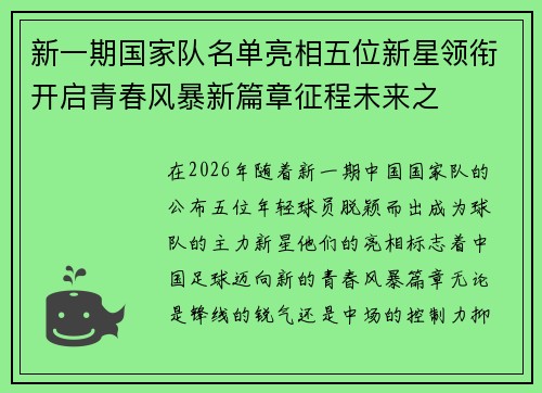 新一期国家队名单亮相五位新星领衔开启青春风暴新篇章征程未来之