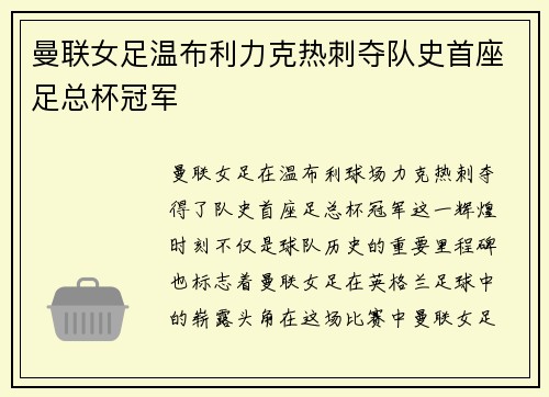 曼联女足温布利力克热刺夺队史首座足总杯冠军